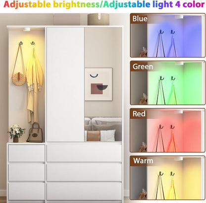 White Wardrobe Closet with Mirror and LED Light, Armoire Wardrobe with 6 Drawers, Hanging Rod, Open Shelves, Freestanding Bedroom Storage Cabinet