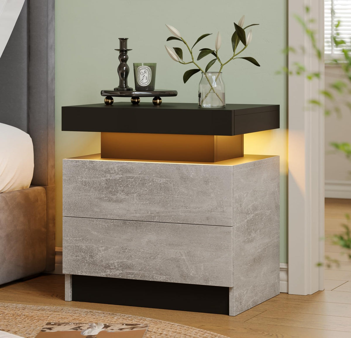 Modern White LED Nightstand for Bedroom Bedside Table with 2 Wood Drawers
