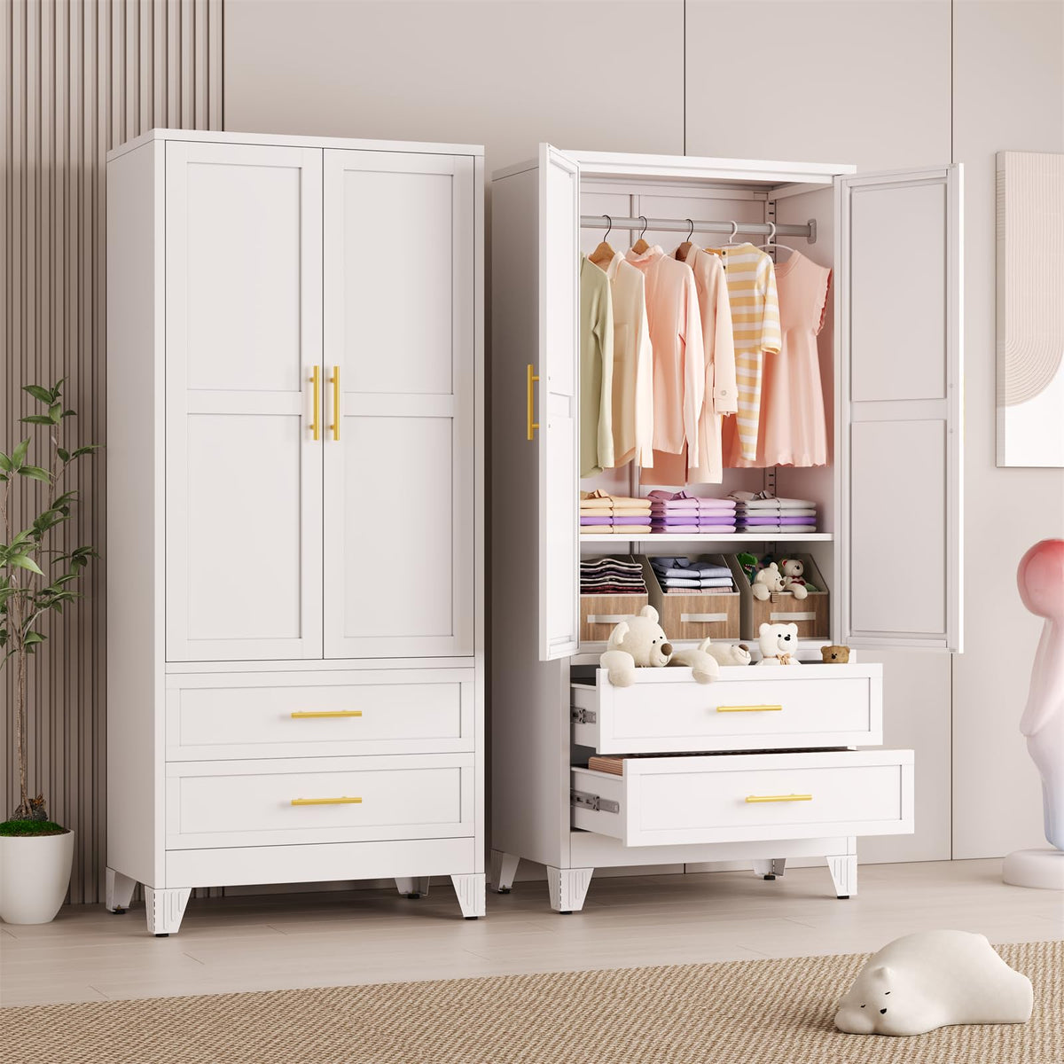 Metal Armoire Wardrobe Closet Storage Cabinet with Mirror White, 71'' Wardrobe Cabinet with Hanging Rod Metal Closet with Adjustable Shelf and Drawer for Bedroom, Laundry Room, Cloak Room