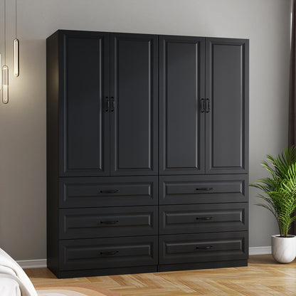 Black Wardrobe Closet with 9 Drawers and 6 Doors, 75" H x 95" W
