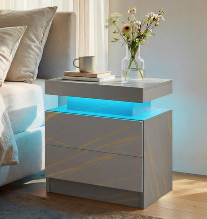 i-aplus Black Modern LED Nightstand Set of 2 with 2 Wood Drawer for Bedroom