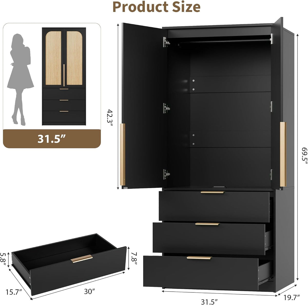 GarveeHome 70" Wardrobe Armoire Wooden Closet with 3 Drawers, Black