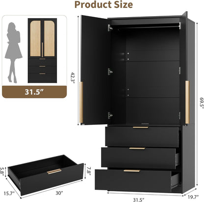 GarveeHome 70" Wardrobe Armoire Wooden Closet with 3 Drawers, Black