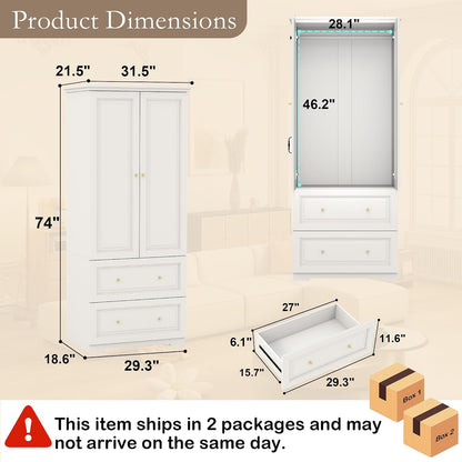 White Armoire Wardrobe Closet with 2 Drawers, 74" Tall x 31.5" Wide