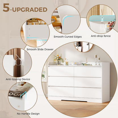 White Dresser for Bedroom, 6 Drawer Dresser Chest of Drawers