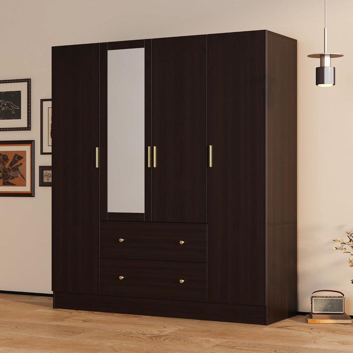 AGOTENI Large Bedroom Wardrobe Closet with 1 Mirror & 2 Drawers, 70.9" H Tall Armoire Clothes Closet with Doors and Shelves, Hanging Rod, Dark Brown