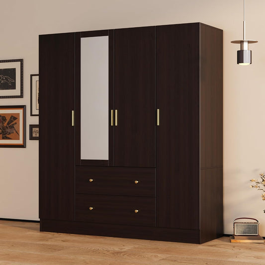 AGOTENI Large Bedroom Wardrobe Closet with 1 Mirror & 2 Drawers, 70.9" H Tall Armoire Clothes Closet with Doors and Shelves, Hanging Rod, Dark Brown