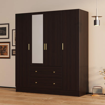 AGOTENI Large Bedroom Wardrobe Closet with 1 Mirror & 2 Drawers, 70.9" H Tall Armoire Clothes Closet with Doors and Shelves, Hanging Rod, Dark Brown