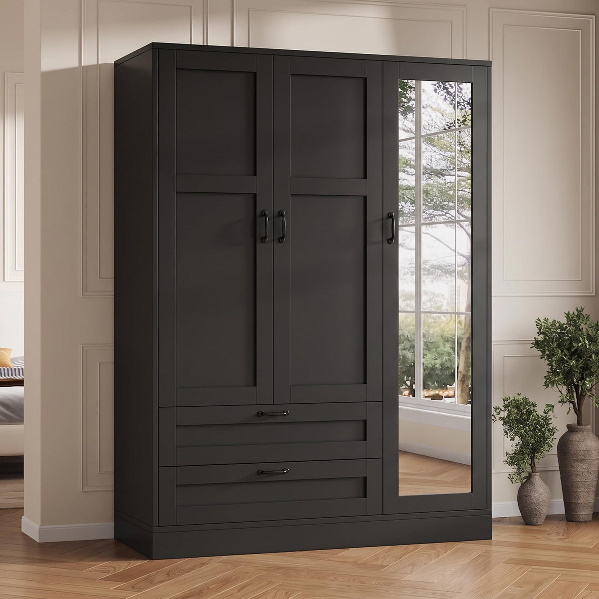 5-in-1 Narrow Armoire Wardrobe Closet, Freestanding Tall Closet with Full Length Mirror, Adjustable Shelf, 2 Drawers & Hanging Rod, Wooden Storage Cabinet for Bedroom Dorm, Black