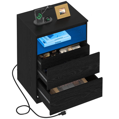 Nightstands Set of 2 with Charging Station, LED Lights and Drawer, Black