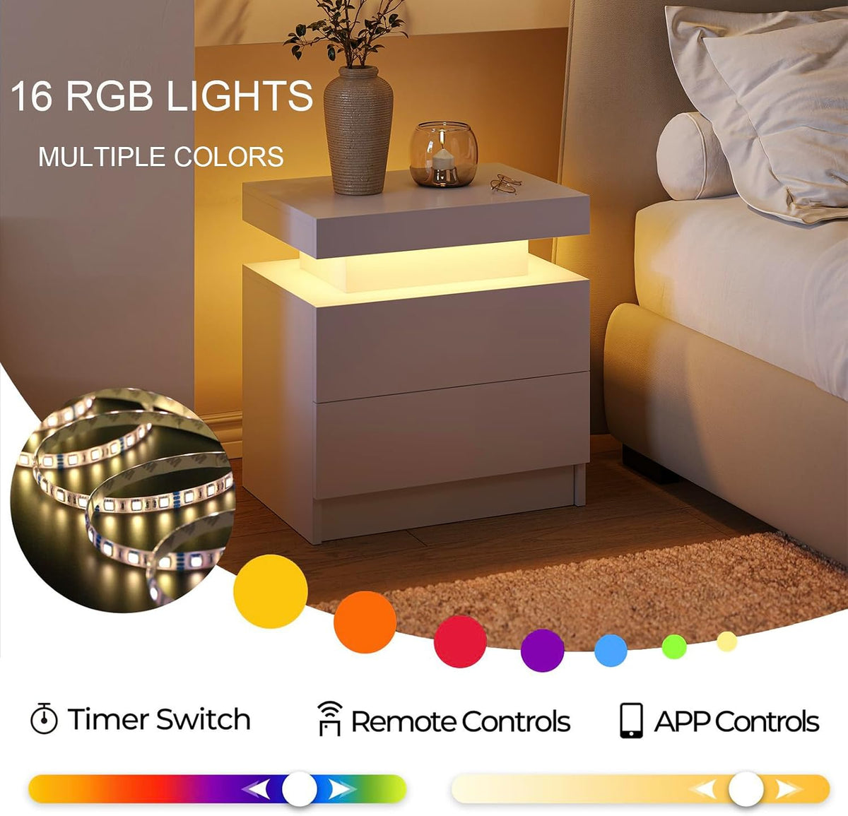 Modern White LED Nightstand for Bedroom Bedside Table with 2 Wood Drawers