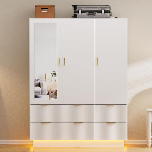 PAKASEPT Armoire Wardrobe Closet with 3 Door, Mirror, LED Lights