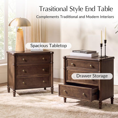 HULALA HOME Traditional End Table with Charging Station, Fluted End Tables with Wood Drawers and Solid Wood Spindle Legs, 28 Inch Wide Storage Set of 2, Walnut
