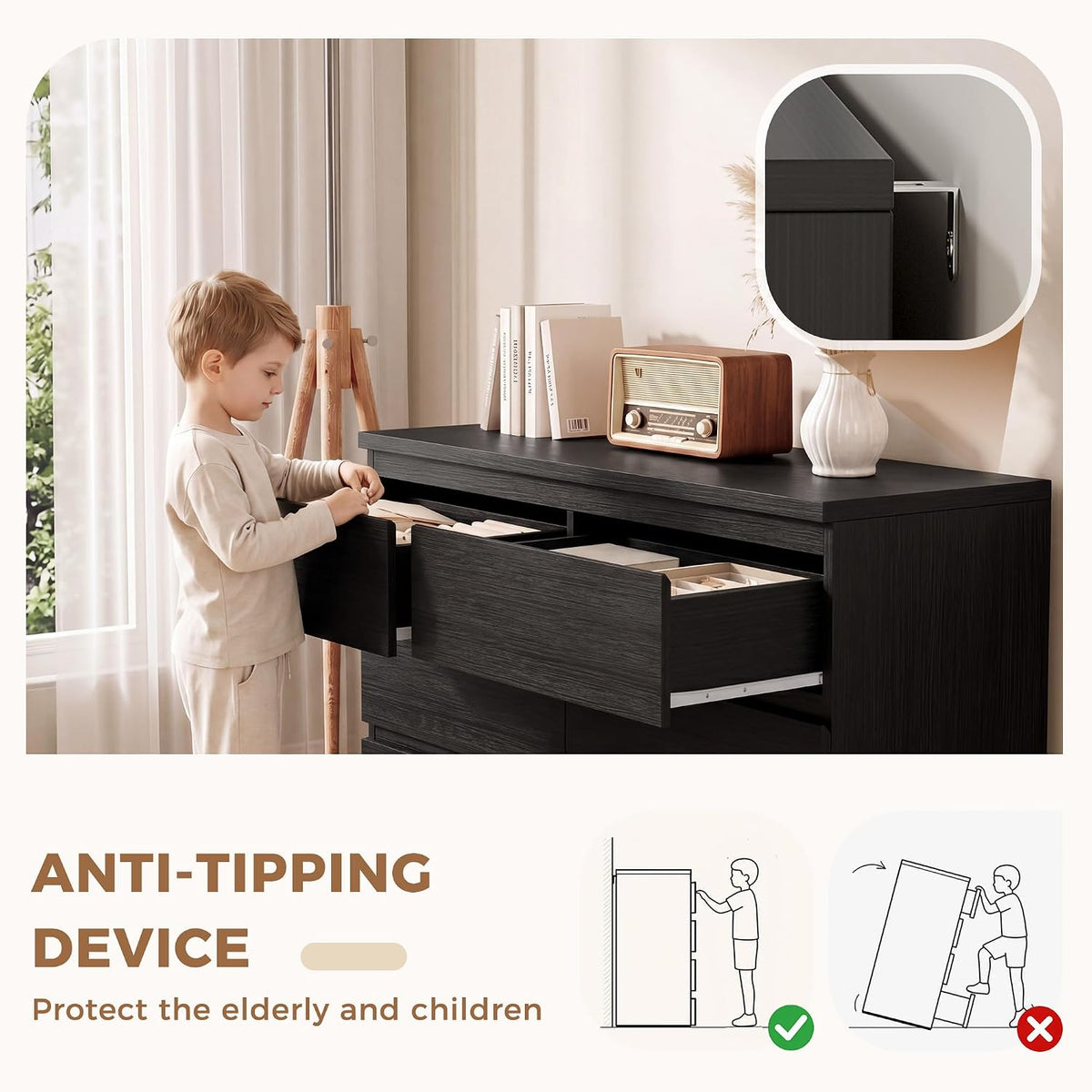 6 Drawer Double Dresser for Bedroom, Modern Simply Chest of Drawers, Wood Storage Dresser with Anti-Tipping for Living Room Hallway Entryway, Nursy Black (15.3" D x 47.2" W x 32.3" H)