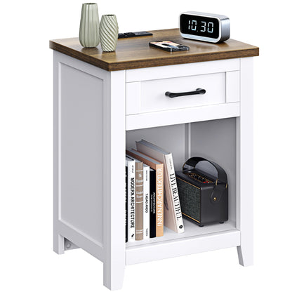 Decofy Farmhouse Nightstand Set of 2 with Charging Station, Walnut