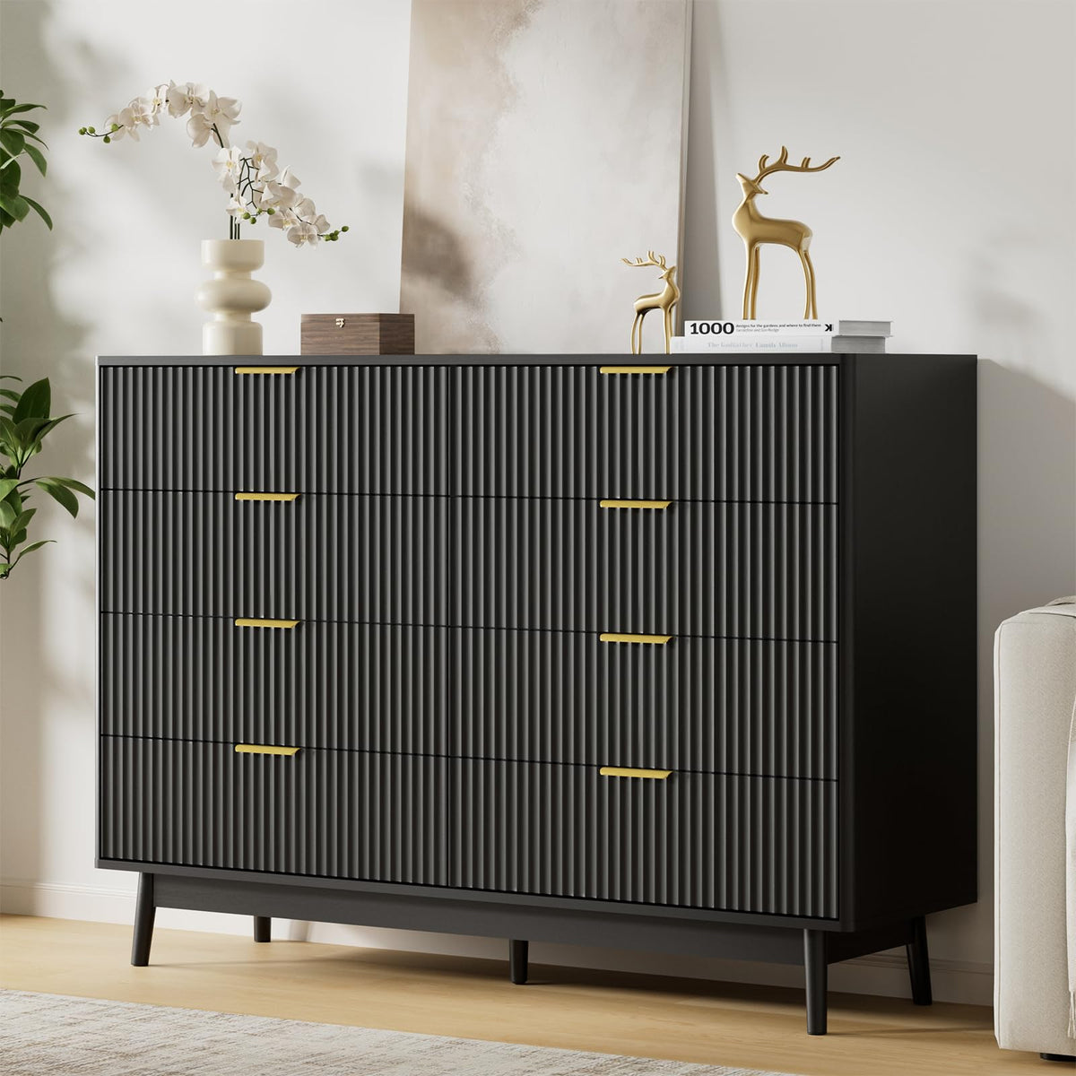 LYNSOM 55" Wide Fluted Dresser for Bedroom with 6 Drawer, Modern Chest of Drawers with Curved Profile Design and Metal Handles, Wood Dresser TV Stand & Storage Organizer for Living Room, Walnut