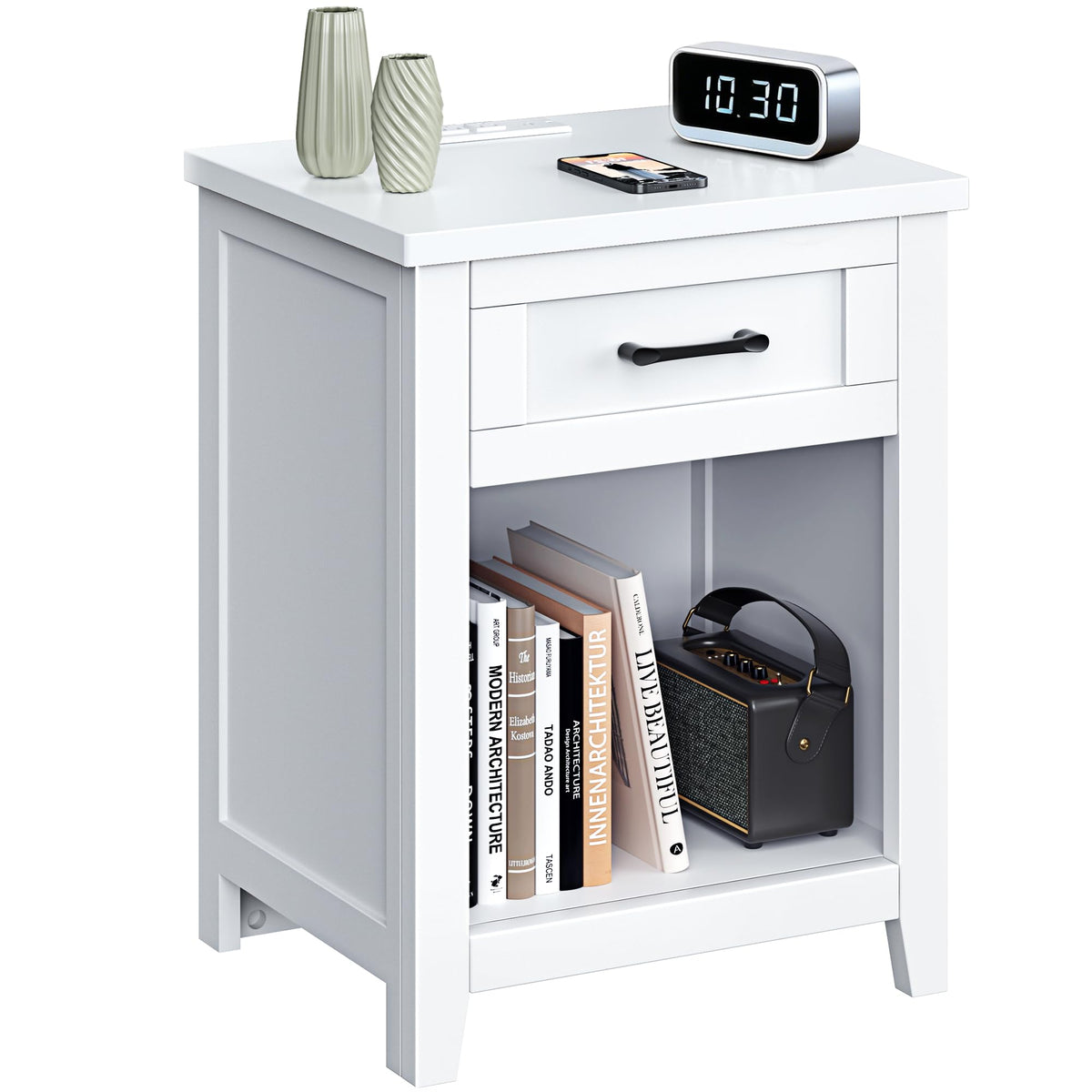 Decofy Farmhouse Nightstand Set of 2 with Charging Station, Walnut