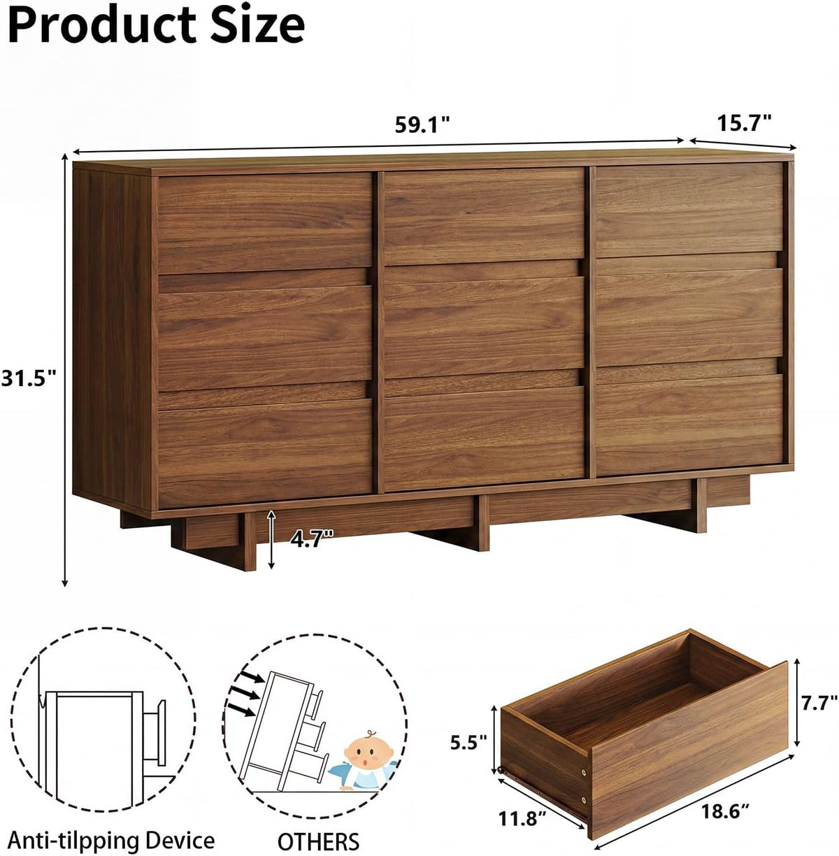 HOUROM Walnut Dresser for Bedroom, 59in Modern 9 Drawer Chest of Drawers