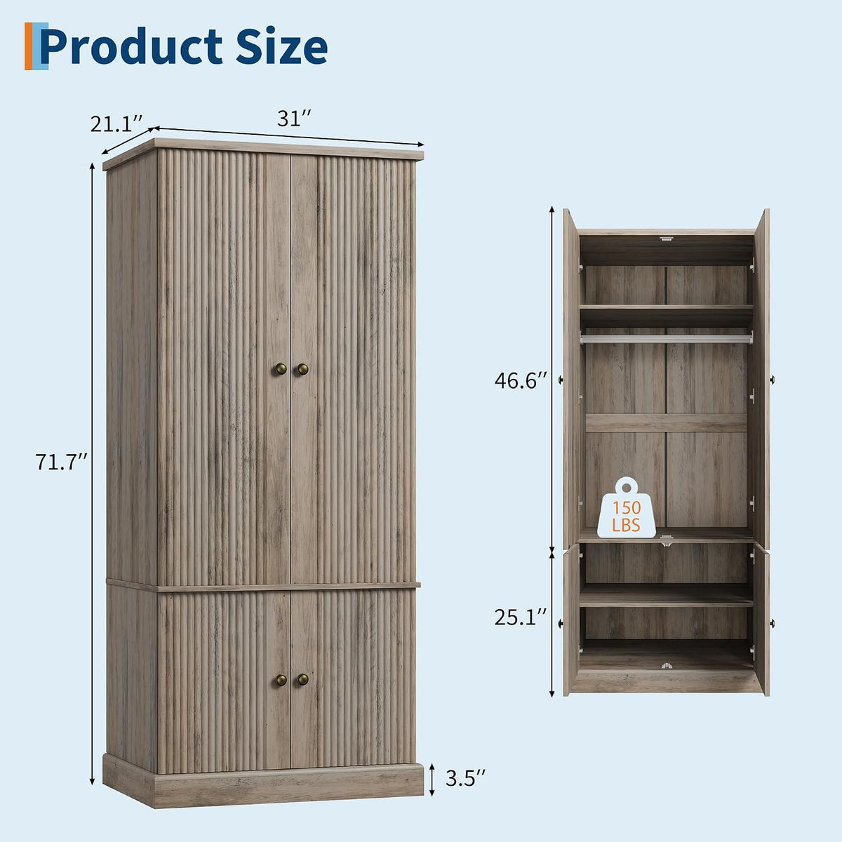 Garvee 72" Tall Armoire Wardrobe Closet, Fluted Wood, 4 Doors, Retro Gray