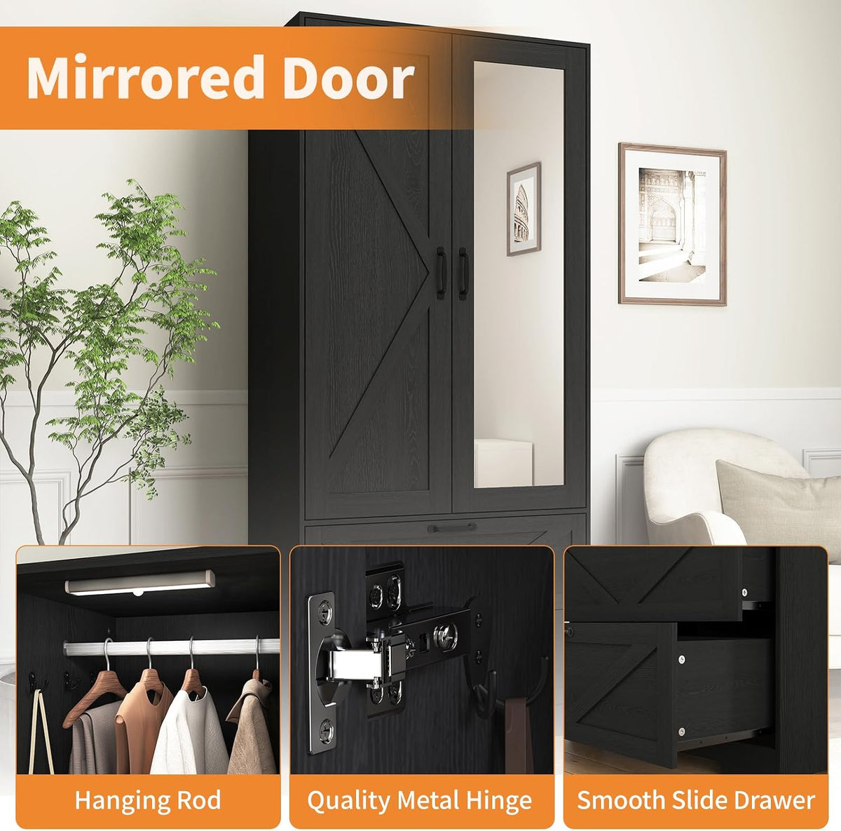 72" Armoire Wardrobe Closet with Mirror Door and LED Lights,Farmhouse Bedroom Armoire with Drawers and Adjustable Shelves,Wooden Armoire Wardrobe Closet with Hanging Rod for Bedroom(Black)
