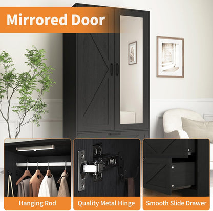 72" Armoire Wardrobe Closet with Mirror Door and LED Lights,Farmhouse Bedroom Armoire with Drawers and Adjustable Shelves,Wooden Armoire Wardrobe Closet with Hanging Rod for Bedroom(Black)