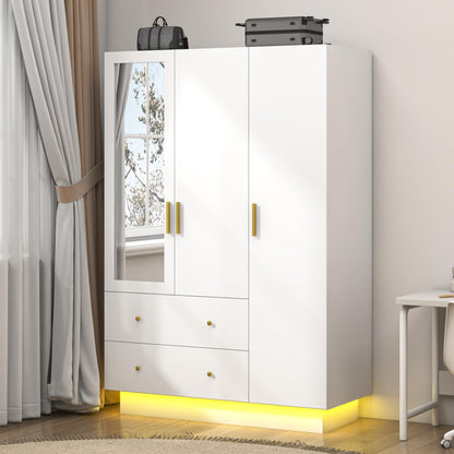 jiteentarou 3 Door Wardrobe Closet with Mirror and LED Lights, Bedroom Armoire with Drawers Shelves, Modern Wooden Armoire Wardrobe Closet with Hanging Rod for Bedroom, Black