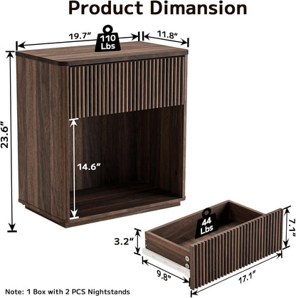 Modern Fluted Nightstand Set of 2 for Bedroom, Mid Century Bedside Table with Drawer & Open Shelf, Wood End Table, Farmhouse Night Stand for Home, Hallway, Office, Walnut
