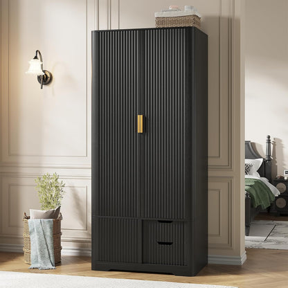 Vabches 71” Tall Armoire Wardrobe Closet with 2 Drawers and Shelves, Large Wooden Wardrobe Cabinet with Hanging Rod, Sliding Cabinet, Modern Fluted Clothing Storage Cabinet for Bedroom, Black