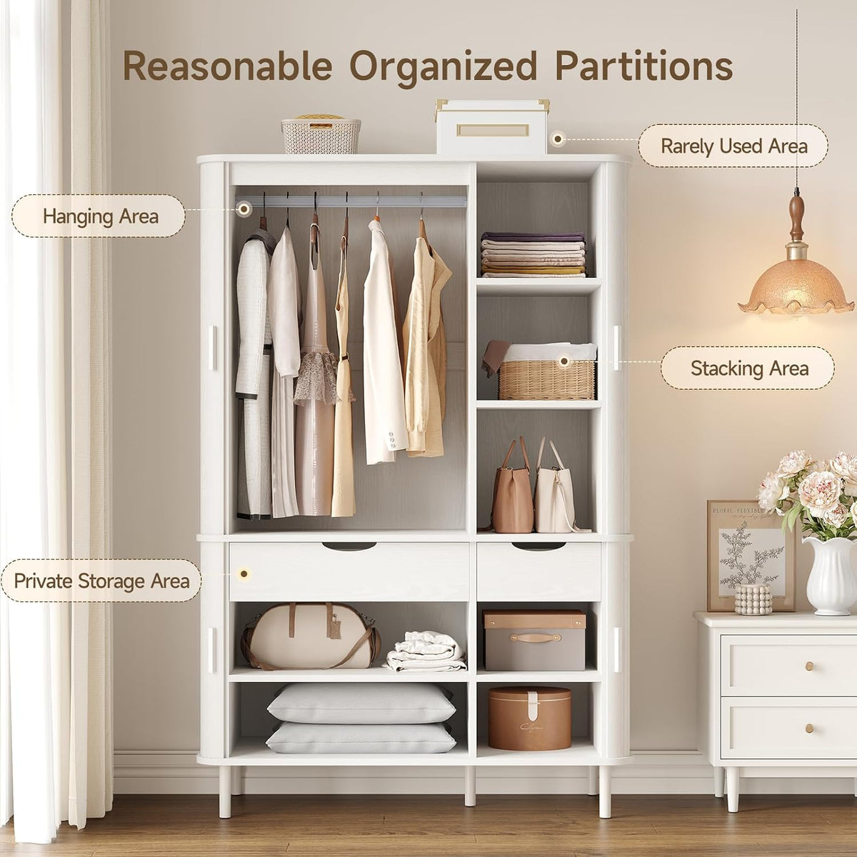 Armoire Wardrobe Closet with Sliding Doors, 71" Bedroom Armoires, White
