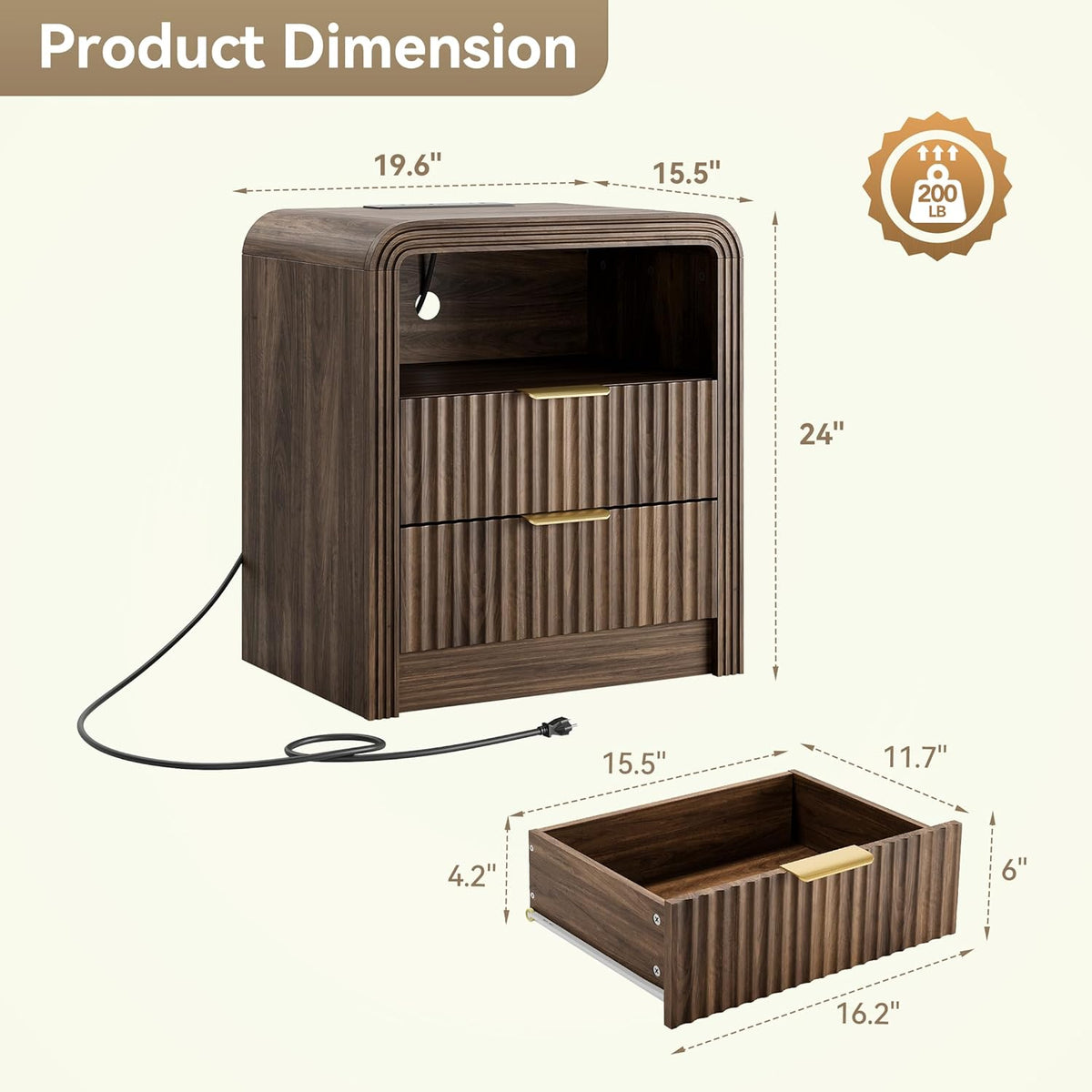 Decofy Fluted Nightstand Set of 2 with Charging Station, 2 Drawers, Walnut