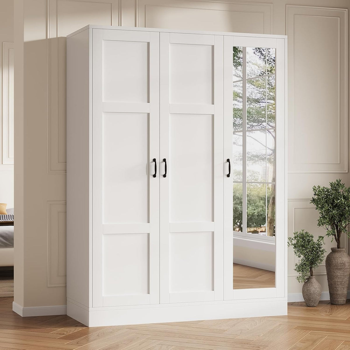 65" Tall Armoire Wardrobe Closet with Full Length Acrylic Mirror & Adjustable Shelves, 3-Door Closet Wardrobe Cabinet with Hanging Rod, Wooden Storage Cabinet for Bedroom, White