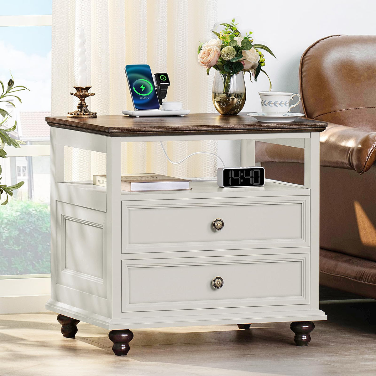 Joaxswe 24" Wide Farmhouse Night Stand Set of 2,Large End Table with 3 Drawers & Metal Handle,Wood Dresser for Bedroom,Bed Side Table Chest of Drawers Cabinet,Natural Nightstand for Living Room,Closet