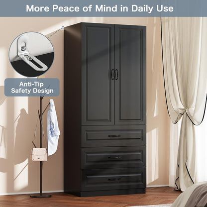 Black Armoire Wardrobe Closet with 3 Drawers, 75" H x 32" W Armoire
