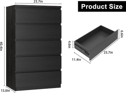 Jocoevol Black 5 Drawer Dresser for Bedroom, 15" D x 23.7" W x 40.4" H in Simply Chest of Drawers, Wood Storage Dresser with Drawers for Living Room Hallway Entryway, Black