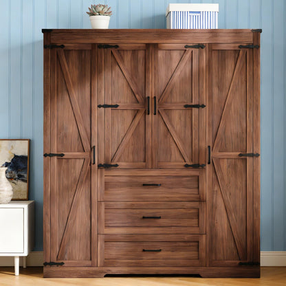 Farmhouse Wooden Armoire Storage Cabinet with Adjustable Shelves & Hanging Rod, 3 Doors Wardrobe Armoire Closet with Drawers, 70" Freestanding Clothing Storage Cabinet for Bedroom, Brown