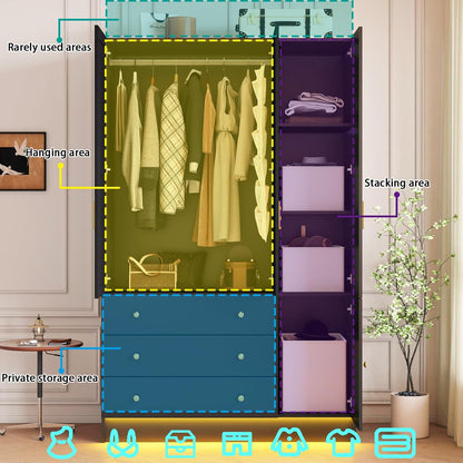3 Doors Mirrored Wardrobe Armoire Closet with Drawers, LED Armoire Storage Cabinet with Adjustable Shelves & Hanging Rod, 74.8" H Freestanding Clothing Storage Cabinet for Bedroom, Black