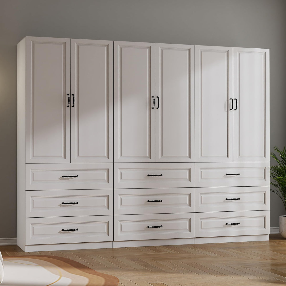 Black Wardrobe Closet with 9 Drawers and 6 Doors, 75" H x 95" W