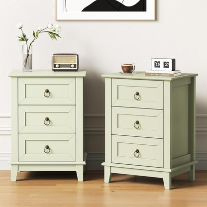 RoyalCraft Farmhouse Tall Nightstand Set of 2, Painted Wooden Bedside End Table with 3 Storage Drawers, Rustic Side Table for Bedroom, Light Green