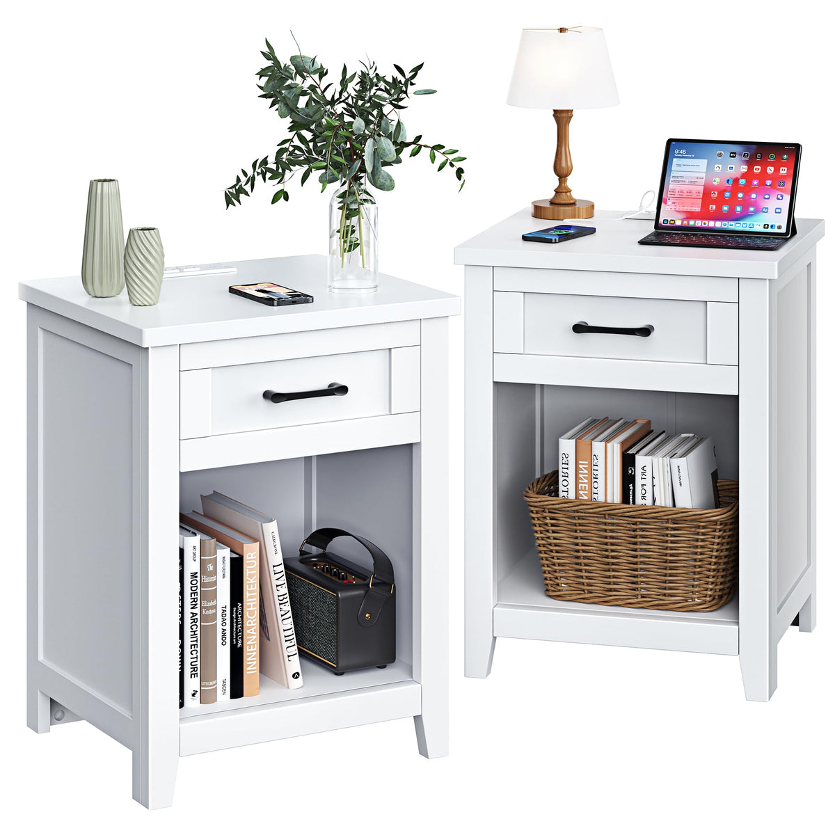 Decofy Farmhouse Nightstand Set of 2 with Charging Station, Walnut