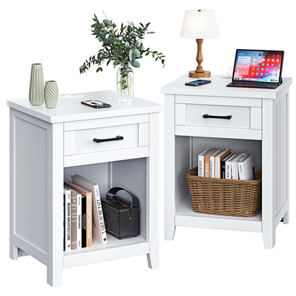 Decofy Farmhouse Nightstand Set of 2 with Charging Station, Walnut