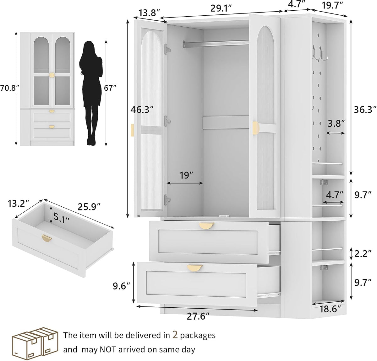 iPormis Armoire Wardrobe Closet with LED Lights & 2 Drawers, 71" Tall Clothing Storage Cabinet with Removable Hanging Rod, 4 Shelves & Pegboard Organizer, Large Capacity Bedroom Storage Cabinet, White