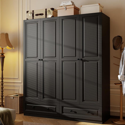 Armoire Wardrobe Closet with Drawers: 75" Black Tall Wardrobe with 4 Doors