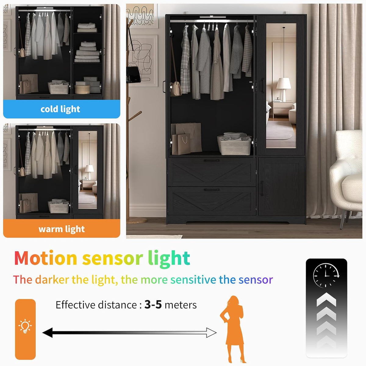 Black 3 Door Wardrobe Closet with Mirror, Bedroom Armoire Wardrobe Closet with Lights, 2 Drawers, Hanging Rod and Cabinet, Large Clothes Storage Organizer, 47.2 x 19.68 x 71.65 in