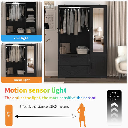 Black 3 Door Wardrobe Closet with Mirror, Bedroom Armoire Wardrobe Closet with Lights, 2 Drawers, Hanging Rod and Cabinet, Large Clothes Storage Organizer, 47.2 x 19.68 x 71.65 in