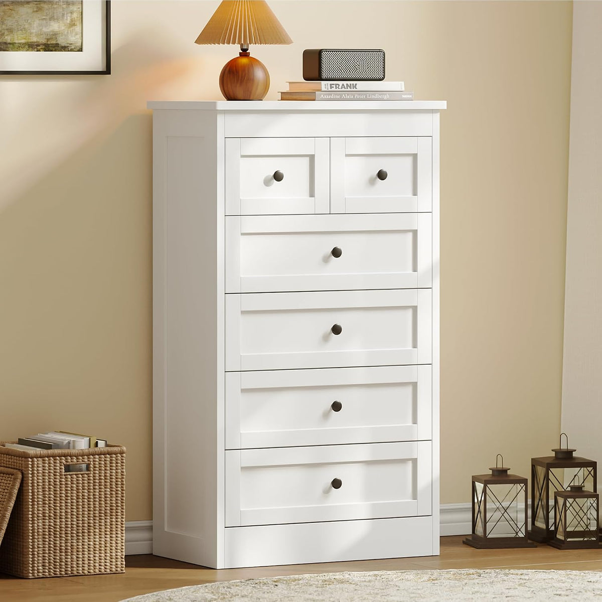 wanan Tall 6 Drawer Dresser for Bedroom, White Modern 43.3'' Tall Wood Chest of Drawers, Storage Organizer with Smooth Metal Rails & Anti-Tip Kit for Closet, Hallway, Living Room