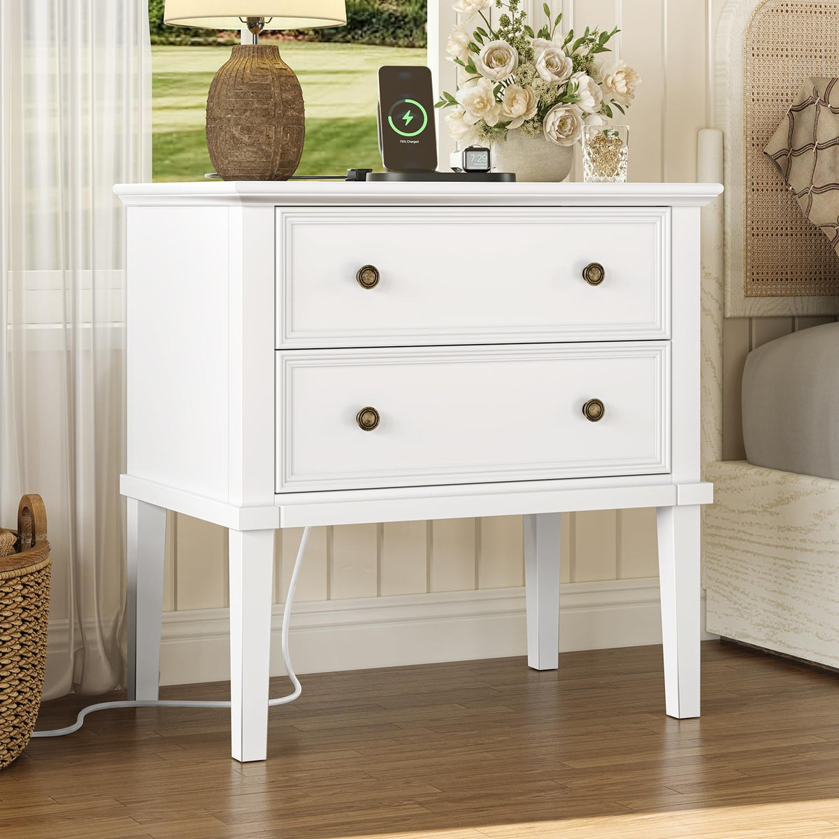 IKENO Solid Wood Nightstand with Charging Station, Farmhouse End Table with 2 Solid Wood Drawers, Farmhouse Style Side Table, Suitable for Bedroom, Teak