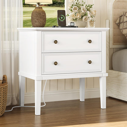 IKENO Solid Wood Nightstand with Charging Station, Farmhouse End Table with 2 Solid Wood Drawers, Farmhouse Style Side Table, Suitable for Bedroom, Teak
