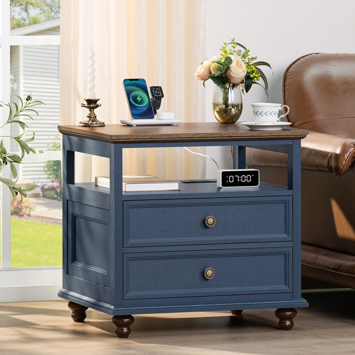 Joaxswe 24" Wide Farmhouse Night Stand Set of 2,Large End Table with 3 Drawers & Metal Handle,Wood Dresser for Bedroom,Bed Side Table Chest of Drawers Cabinet,Natural Nightstand for Living Room,Closet