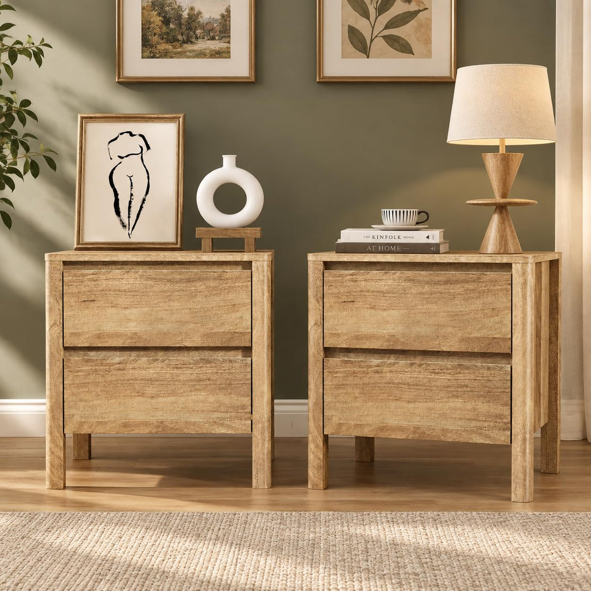 Furniway Set of 2 Modern Curved Nightstand with 2 Drawers, Push-to-Open Wooden Bedside Table, Minimalist End Table for Bedroom, Black