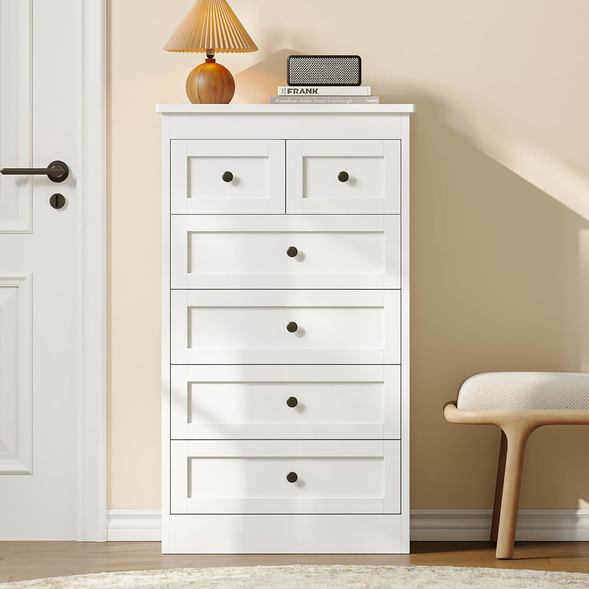 wanan Tall 6 Drawer Dresser for Bedroom, White Modern 43.3'' Tall Wood Chest of Drawers, Storage Organizer with Smooth Metal Rails & Anti-Tip Kit for Closet, Hallway, Living Room